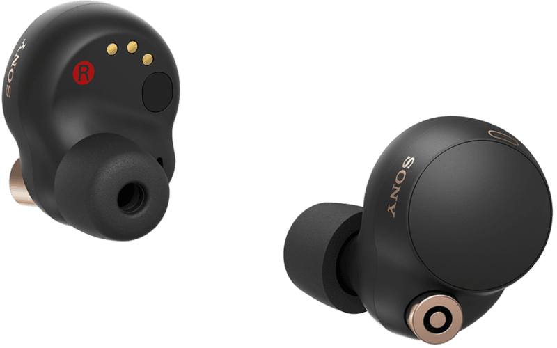 Three-quarter view of a pair of WF-1000XM4 headphones in black